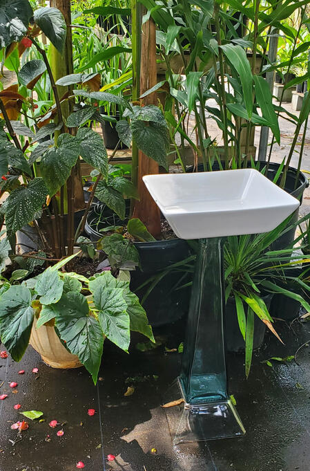 Very tall and heavy birdbath made from repurposed glass *All of our garden art and repurposed glass pieces are made with industrial all weather adhesive. *To protect the glass, we still suggest that you bring your glass pieces in d