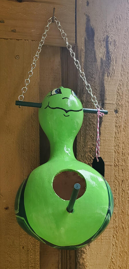 Small Gourd Turtle Birdhouse $15 made with a gourd that was grown on Bamboo Cove Farm